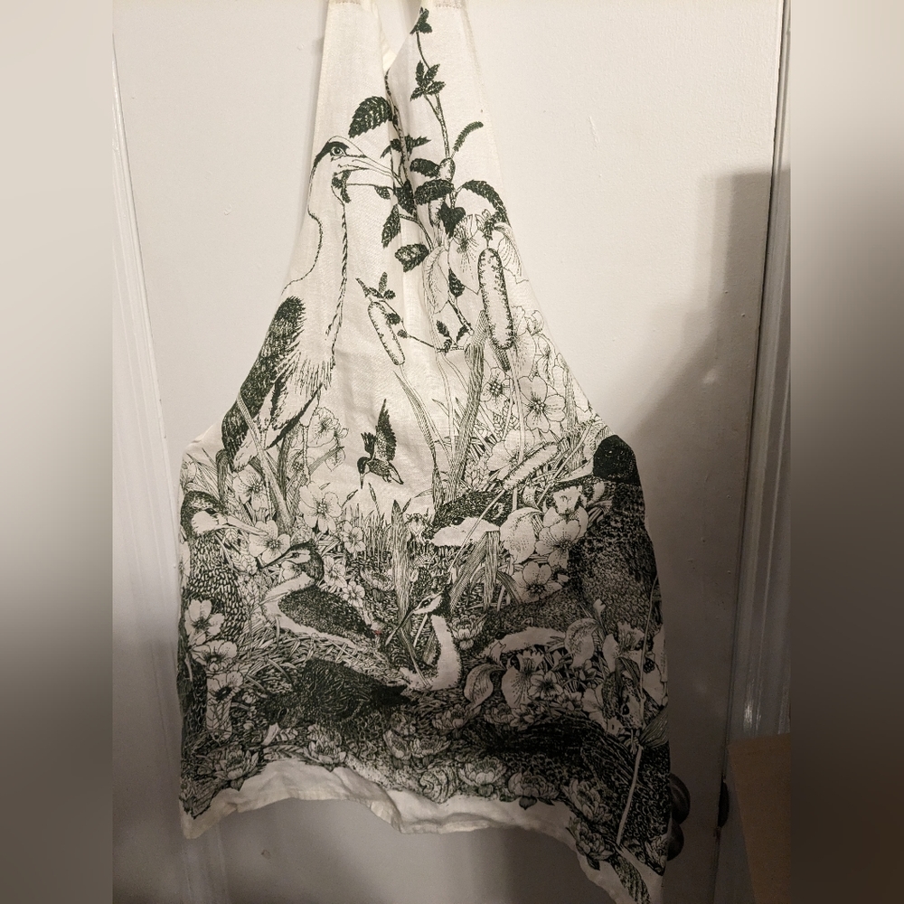 Vintage Green And White Linen Apron Animal And Greenery